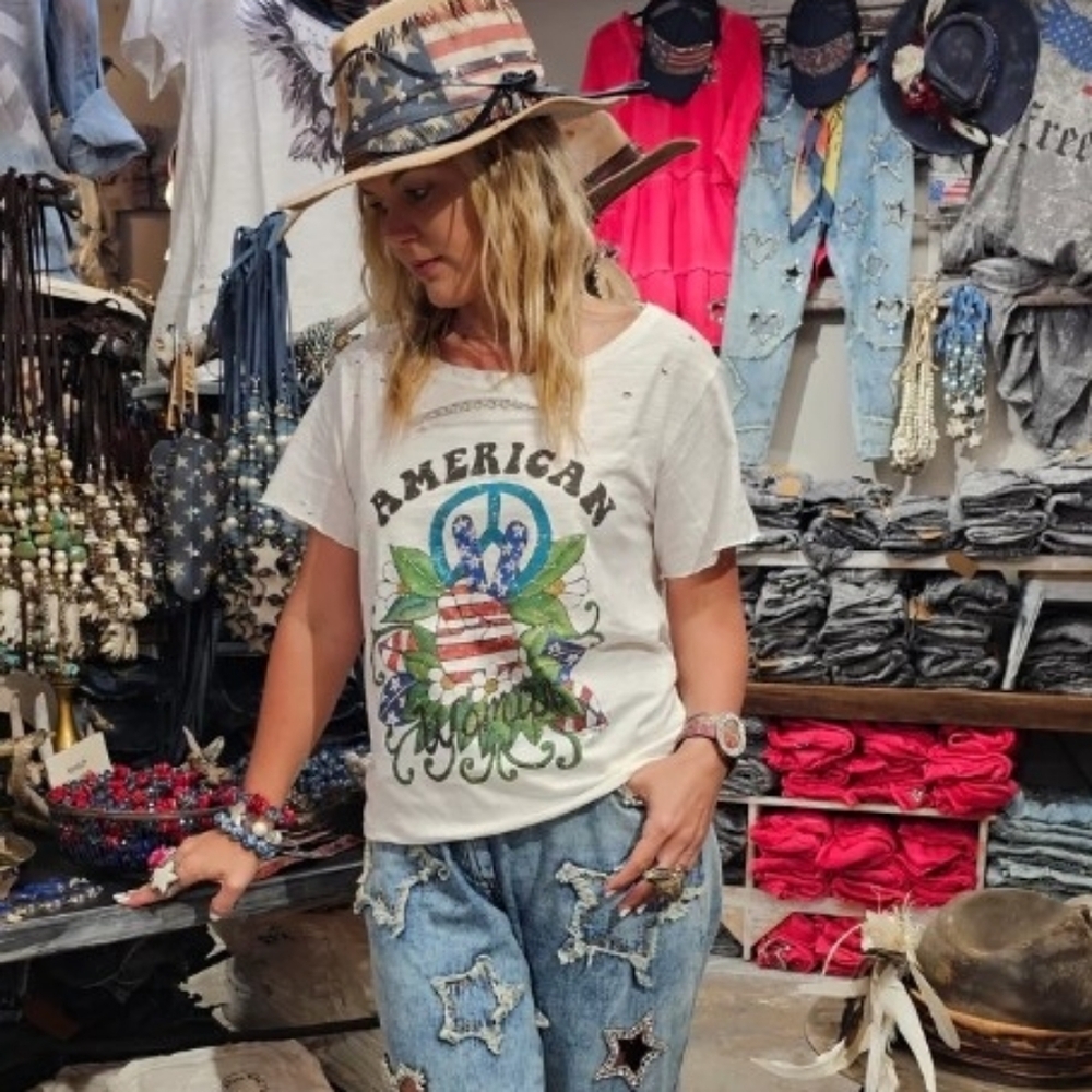 RB39 A Rare Bird AMERICAN WOMAN Tattered Tee with Patriotic Design